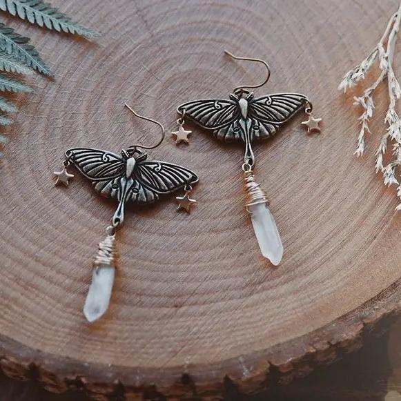 Silver Moonstone Moth & Quartz Celestial Earrings