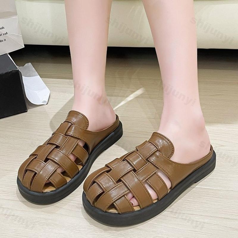 Fashion Women's Slippers Summer Closed Toe Woven Hollow Out Mules Shoes Retro Outdoor Comfortable Soft-soled Sandals Sandalias De Mujer