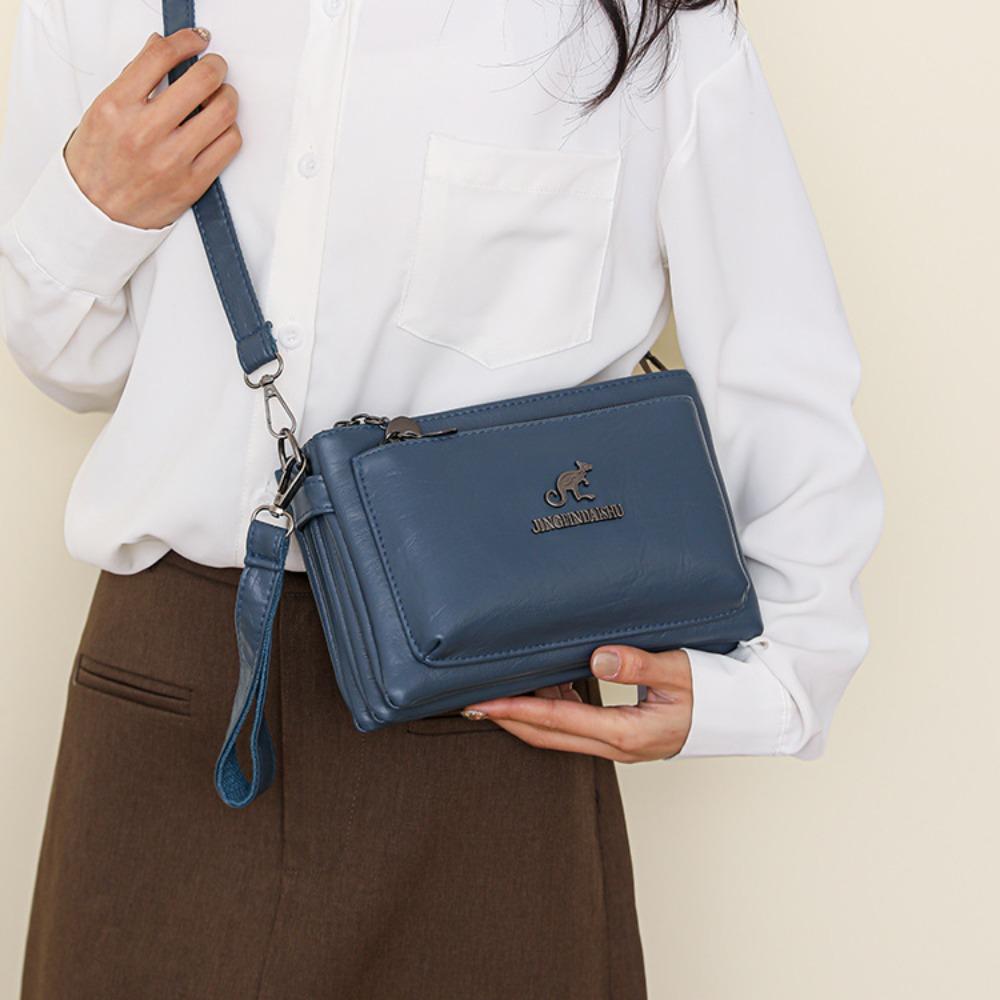 Retro Multiple Zip Pockets Shoulder Bag Soft Square Phone Bag PU Leather Crossbody Bag  Elderly