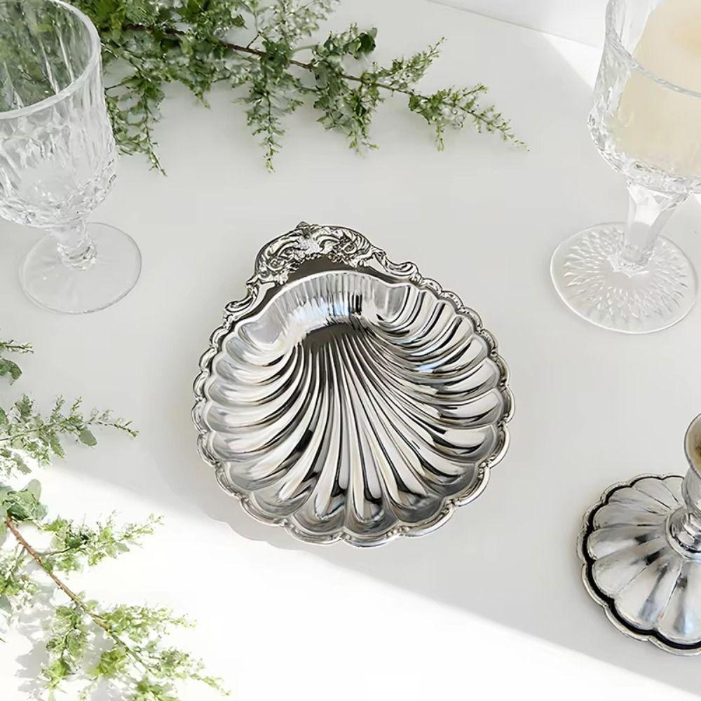 Vintage Dessert Plate Shell Shape Silver Color Embossed Food Tray Decorative Embossed Details Shell Shaped Dish Photo Props