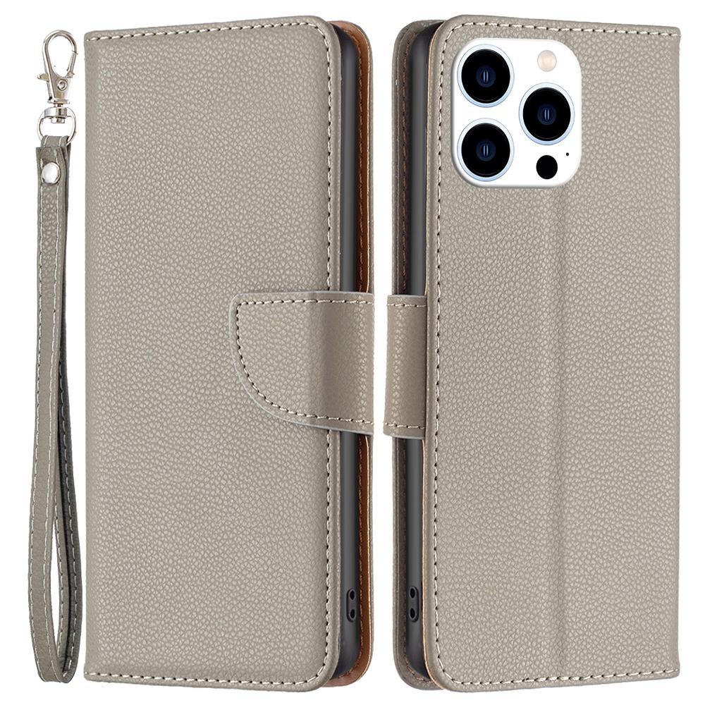 

For iPhone 16 Pro Wallet Phone Case Litchi Texture Solid Color Leather Flip Cover Grey
