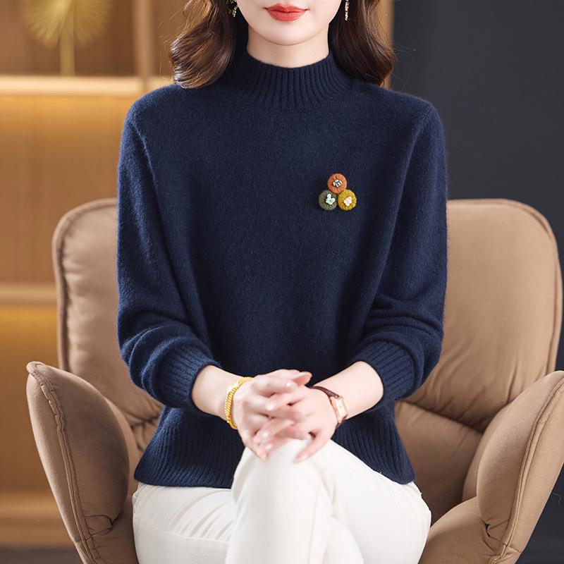 New Pure Wool Sweater for Middle-Aged & Elderly Women - Stylish, Warm, Half-High Collar, Thickened for Autumn/Winter