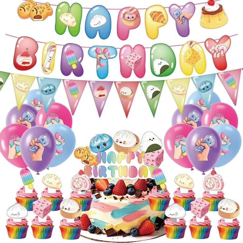 Birthday Party Supplies with Cartoon Food Characters and Happy Birthday Art for Table Arrangements and Hanging Displays