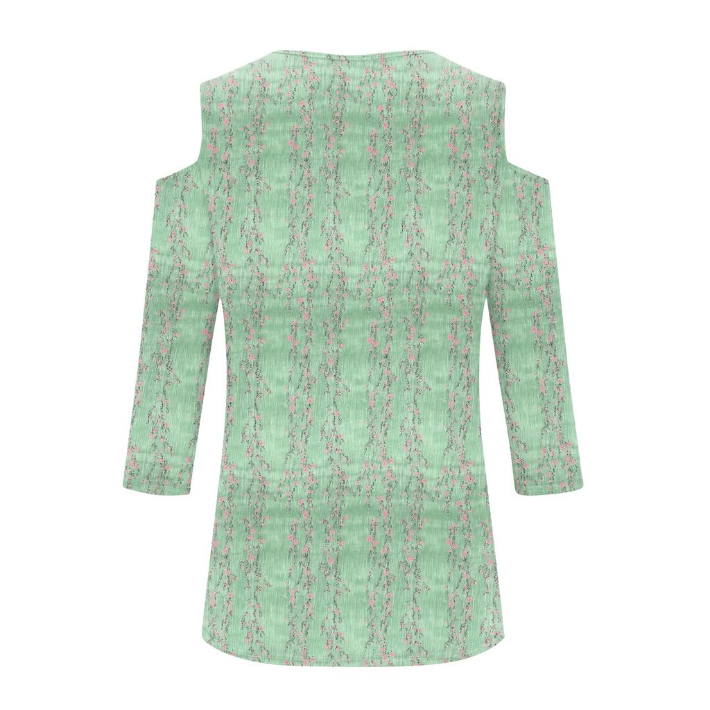 Women's Casual Shirt Blouse Print V-neck Sexy Cold Shoulder 3/4 Sleeve Top