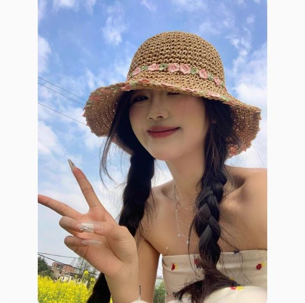 Daisy Raffia Woven Empty Top Hat Children Summer Outdoor Seaside Vacation Sunshade Sun Protection Straw Hat