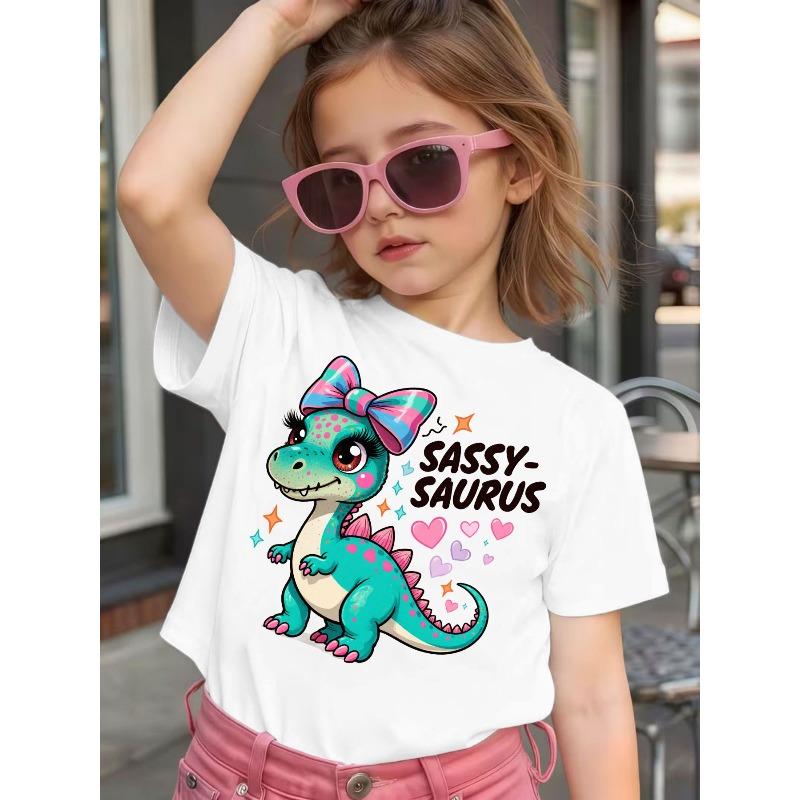 Girls Crewneck Summer Tee, Cute Cartoon Dinosaur Print 110 белый
