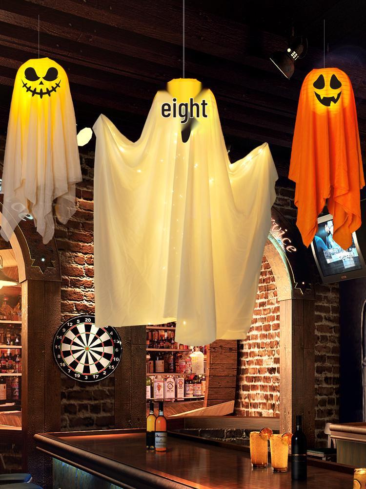Halloween Ghost Pumpkin Lantern Pendant - Luminous Hanging Decoration for Spooky Indoor Scenes.