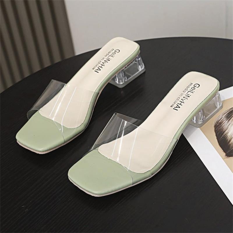 Thick Heel Spring and Summer New Female Cool Slippers Fairy Fashion Transparent Fashion Outer Wear Crystal Square Head Word Female Slippers