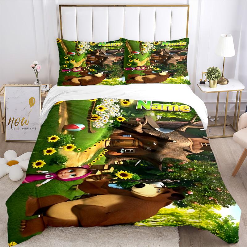 Custom Name Bear Sunflowers Forest Print 3Pcs Bedding Set Duvet Cover With 2 Bedro Pillowcase Home Birthday Gift