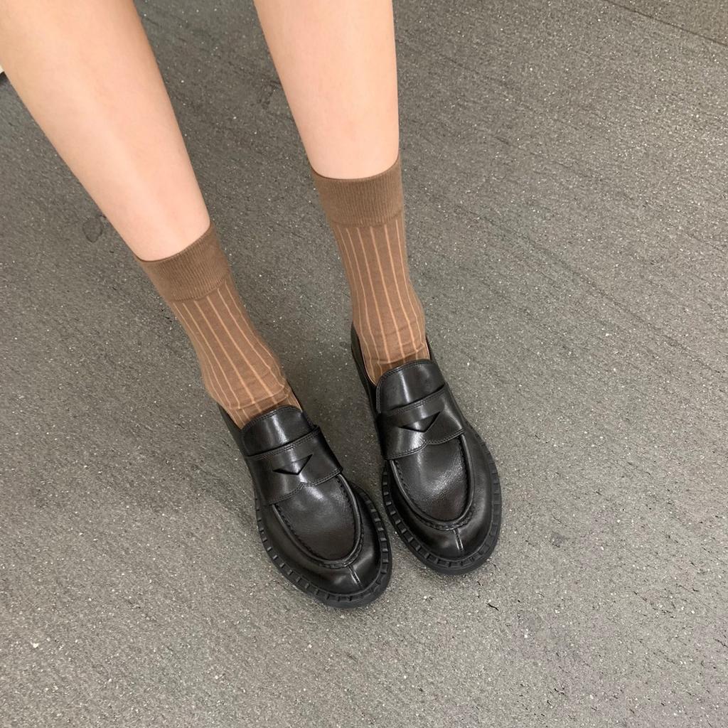Leather platform loafers women's 2025 autumn new black round head thick heel single shoes retro British style small leather shoes