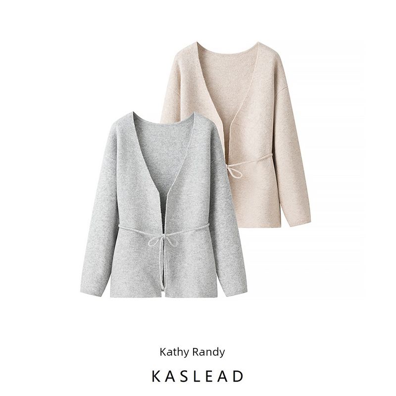 Kaslead New Arrival Women's Clothing Fashion Style Stylish Simple and Versatile Casual Lace Up Cardigan Long Sleeves Sweater