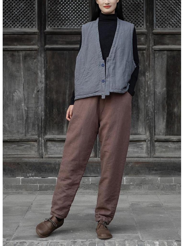 Women's Winter Cotton Linen Patchwork Trousers - Thick, Quilted, & Slimming Ramie Casual Pants