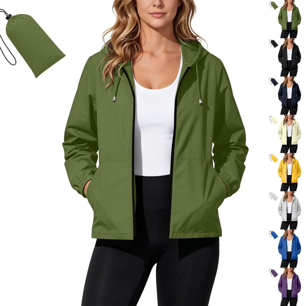 Women's Waterproof Windproof Hooded Jacket Lightweight Packable Outdoor Raincoat with Zipper Pockets and Adjustable Drawstring Hood