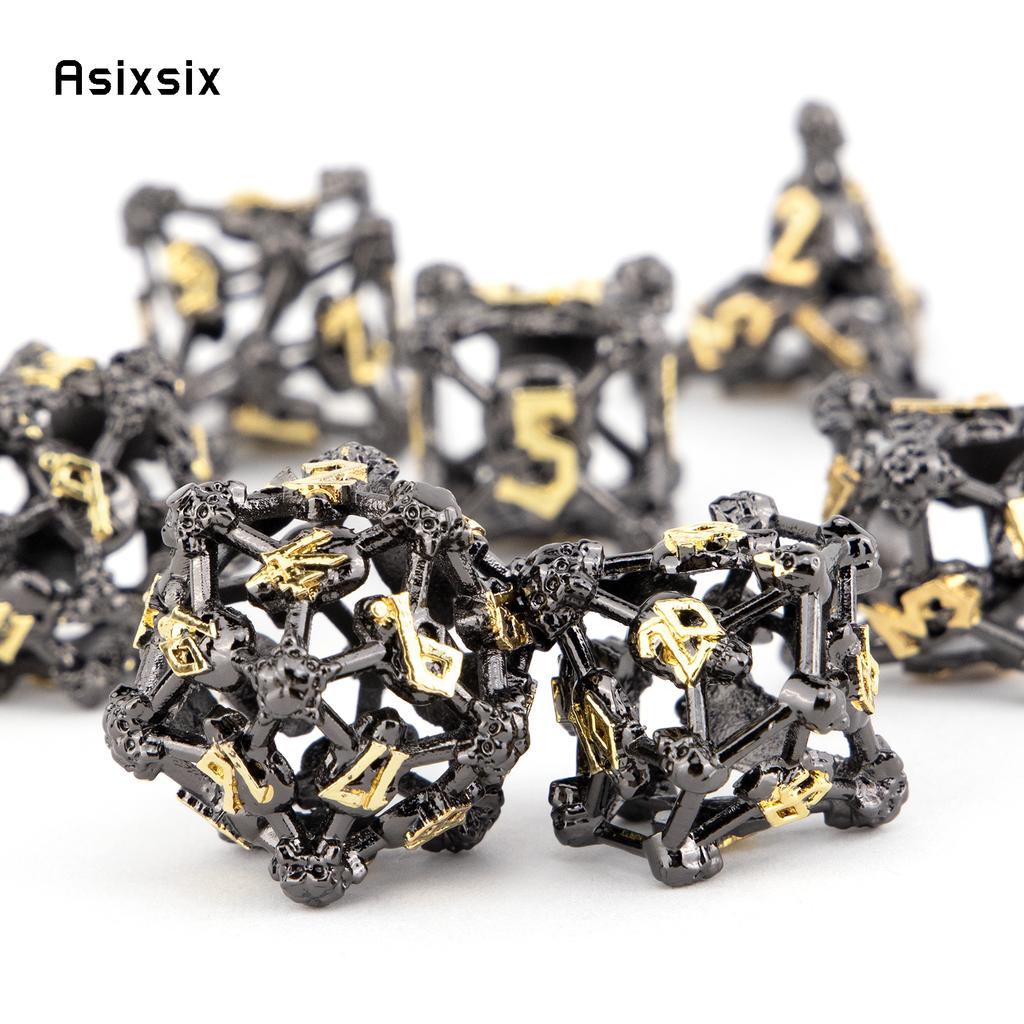 7 Pcs Black Yellow Skull Head Metal Dice Hollow Metal Polyhedral Dice Set Suitable for Role-Playing RPG  Board Game Card Game