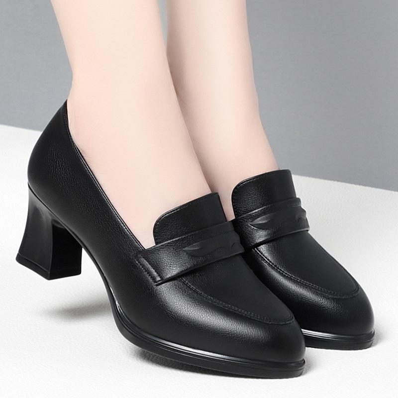Høye hæler kvinner, vår og høst nye svarte jobbsko er ikke slitsomme, tykke hæler skinnsko pendle, sub single sko