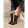 Inner Height Increasing Coffee Suede Stacking Boots Boots Women's Boots Autumn and Winter Vintage Maillard Long Knight Boots