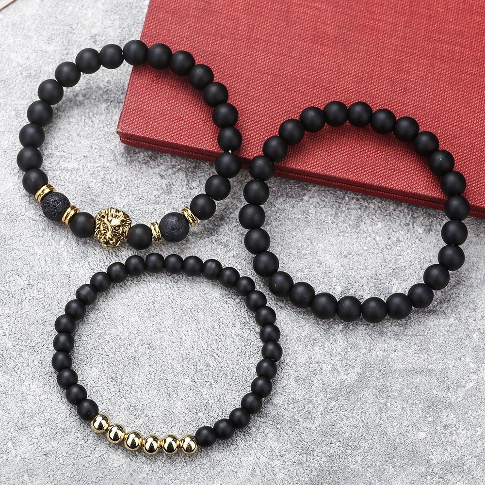 New 1/8mm black matte volcanic stone beaded bracelet set combination lion head elastic bracelet bracelet.