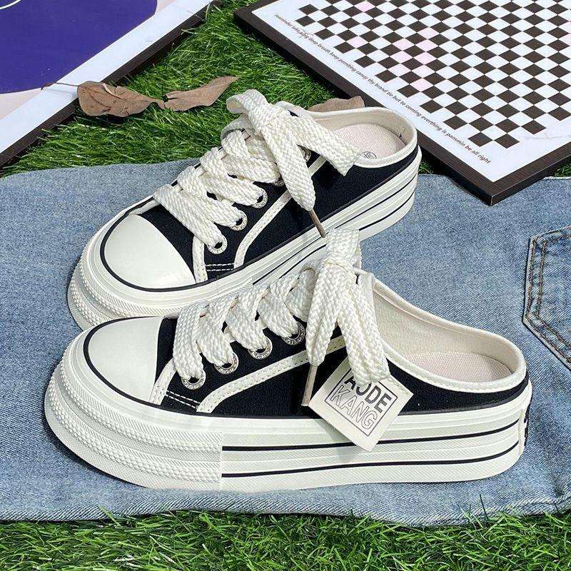 

Платформенные парусиновые туфли женские 2025 лето новые универсальные без каблука полушлепки одна педаль белые туфли ленивые туфли 35 чёрный