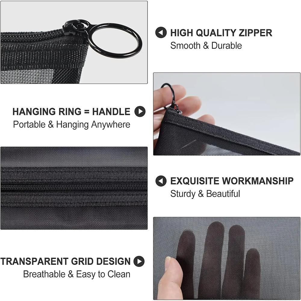 3Pcs Set Small Mesh Makeup Bag Travel Kit - Breathable Cosmetic Pouch with Zippers Portable Organizer