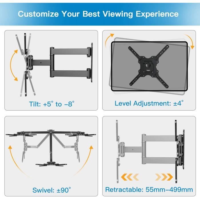 Support Murale TV, Inclinable Orientable Fixation Ultrafine Extensible Support TV pour écrans 32-55 Pouces LED LCD et courbé,Capacit