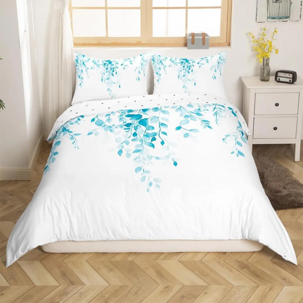 Bettdecke Tuschemalerei Stil Queen King Size Modern Schlicht Aquarell Pflanze Blatt Bettwäsche Set Kinder Erwachsene Damen 3-teiliges Set