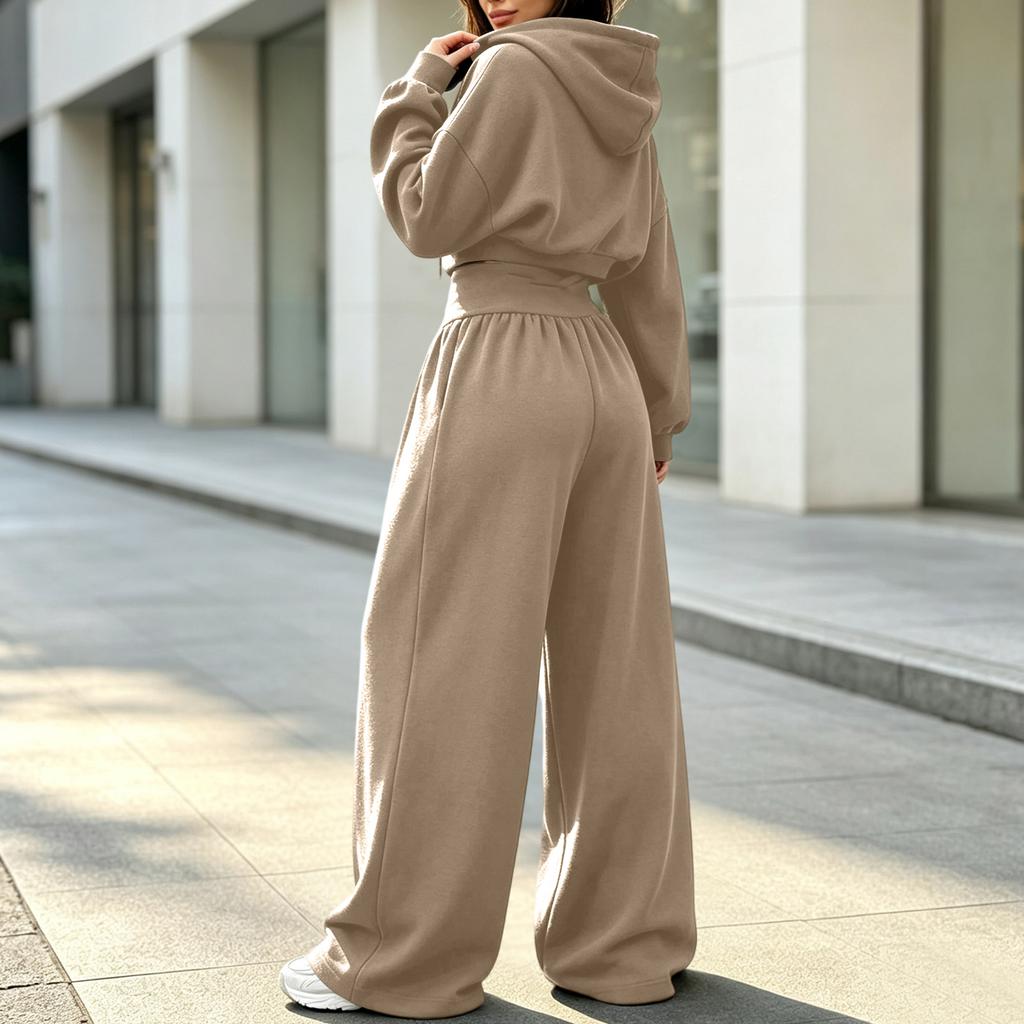 Women's Casual V-Neck Hooded Long Sleeve Sweatshirt and Pants 2 Piece Set
