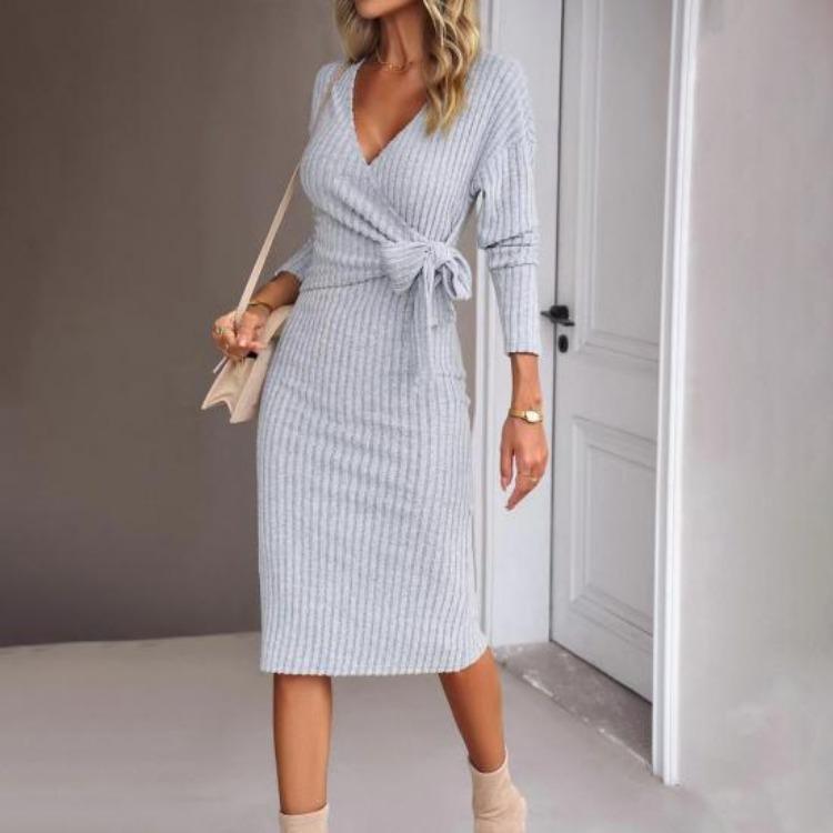 Women Cross V Neck Lace Up Sheath Dress Long Sleeves Knee Length Knitted Elastic Midi Dress Slim Fit Spring Fall Dress