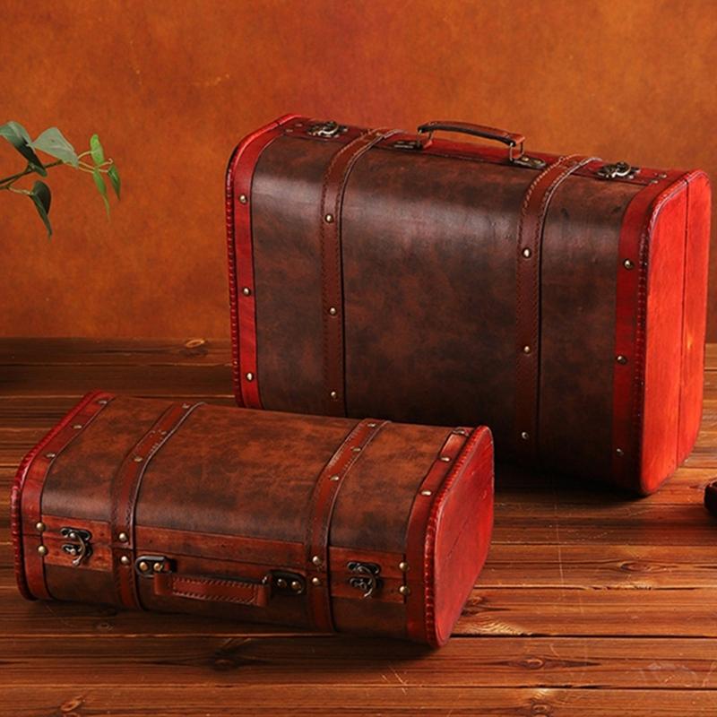 Wooden Trunk Faux Leather Handle Carrying Case Portable Storage Container For Jewelry Cosmetics And Collectibles