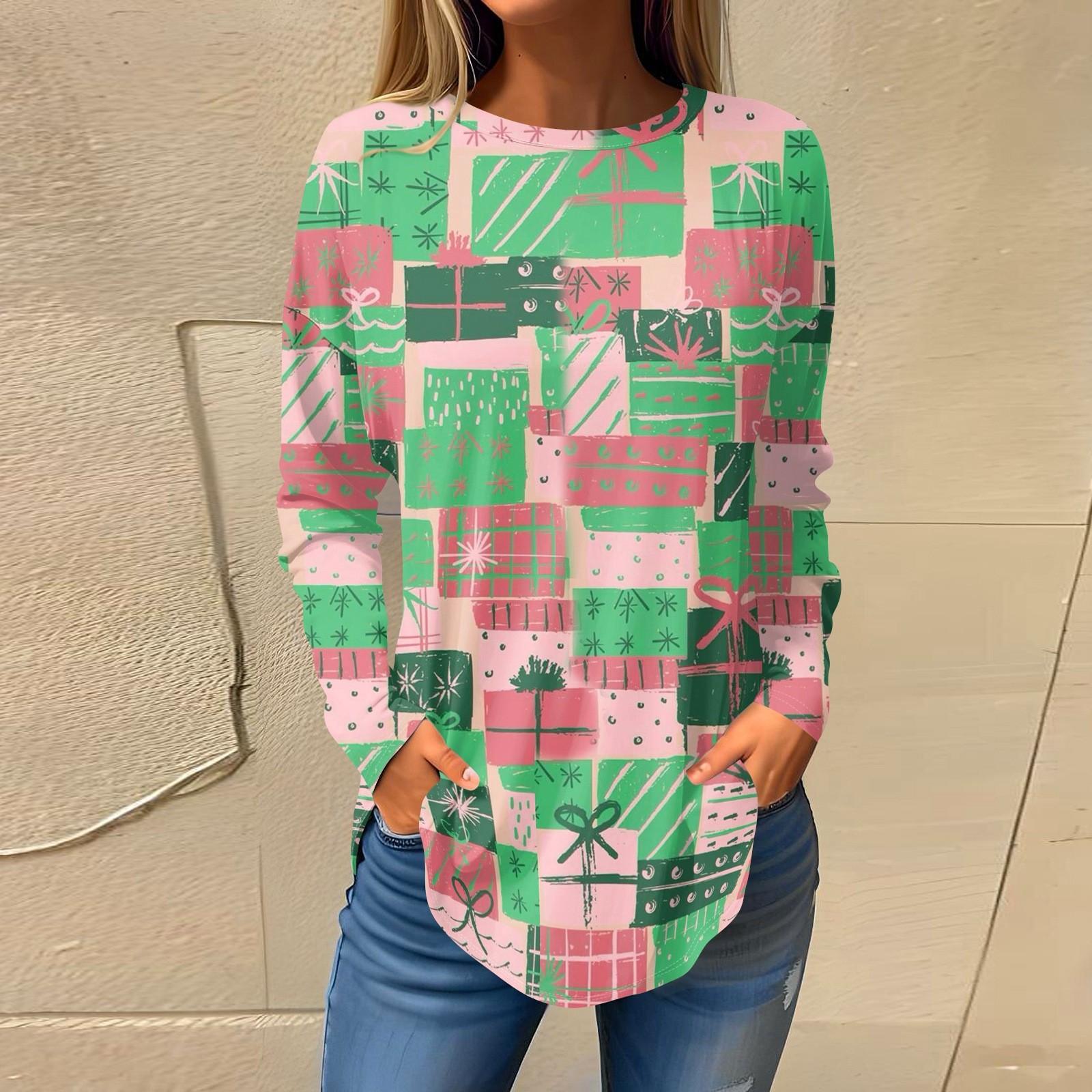 

Футболки для женщин, осенние повседневные рубашки с длинным рукавом, толстовки с винтажным графическим принтом, топы, пуловеры, рождественские XXL зелёный