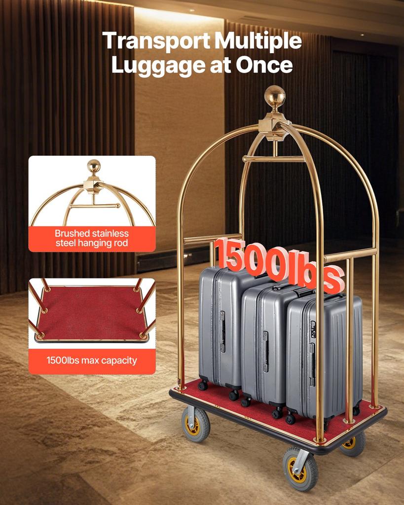 VEVOR Hotel Luggage Cart, 1500 LBS Load Capacity, Brushed Stainless Steel Bellman's Cart Curved Uprights