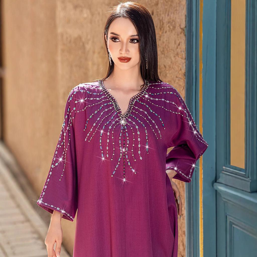 BA5149 new berry purple heavy industry hand-sewn rhinestone dress arabic robe women's clothing