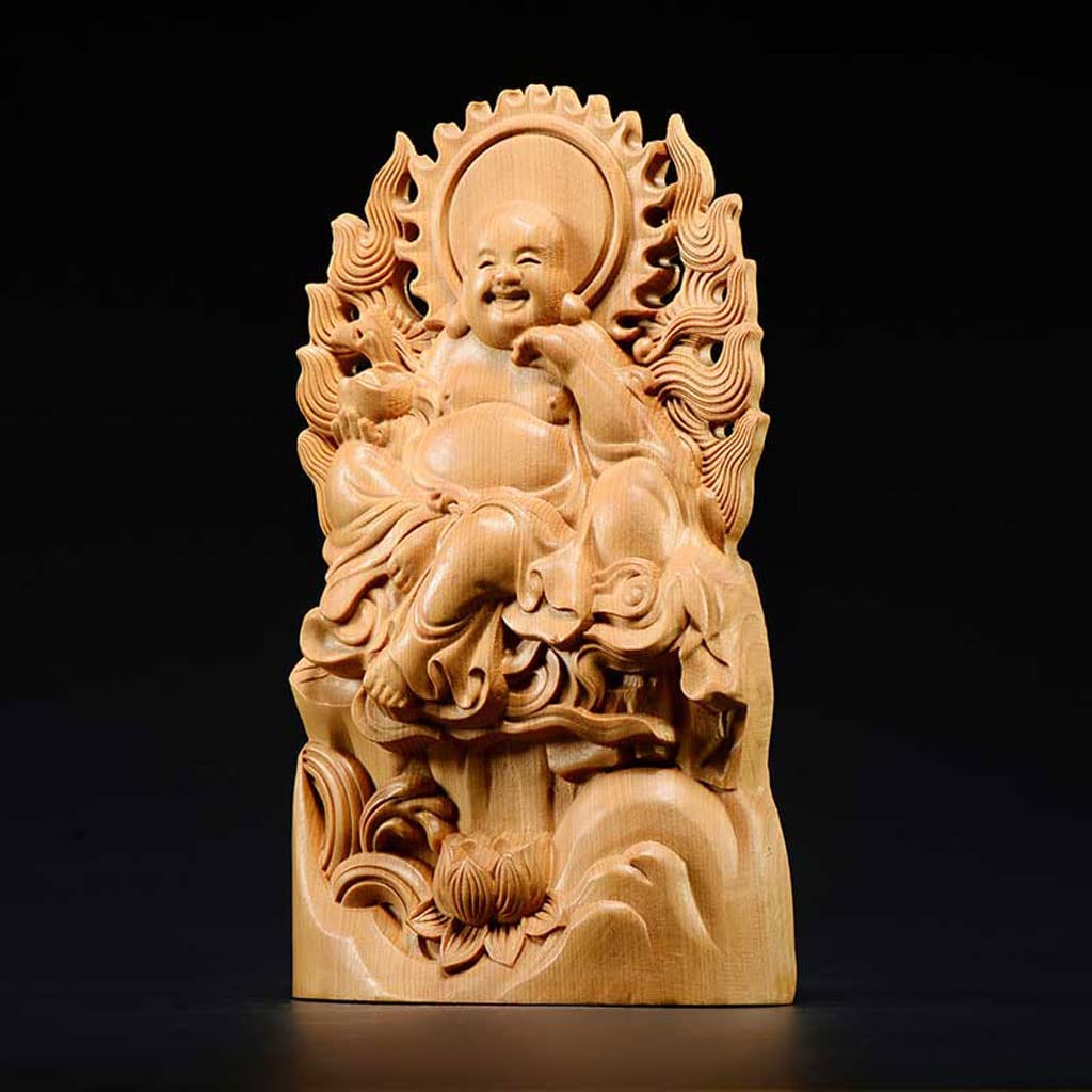 Seven Lucky Gods Figurine Hotei Natural Clifftop Buddha Statue Wood Carving Feng Shui 20cm x Width 11cm x Depth (Height 4cm)