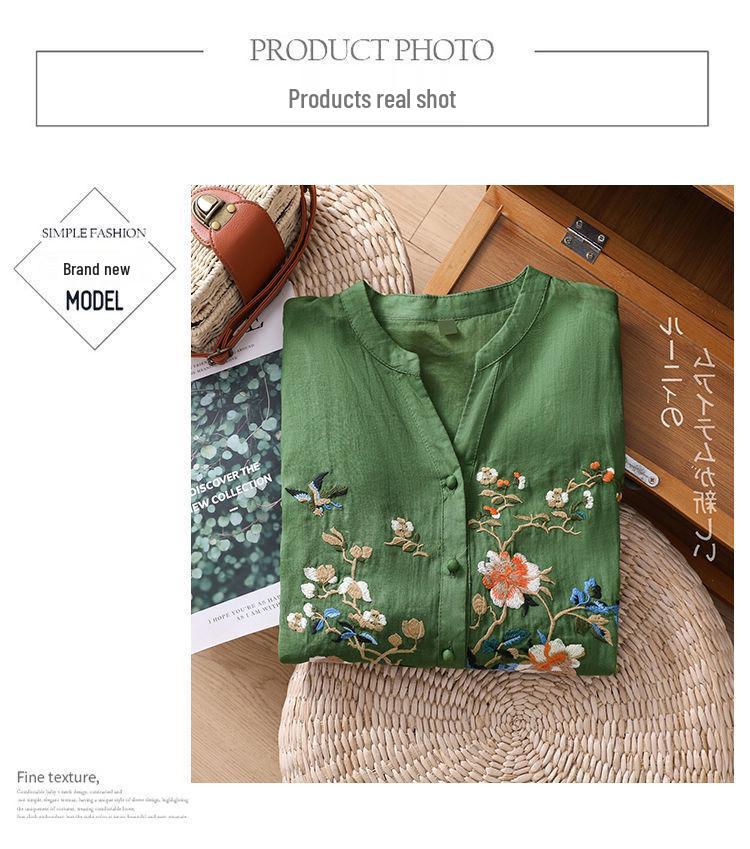 Embroidered Patchwork Cardigan - New Chinese Style Button-Up Shirt