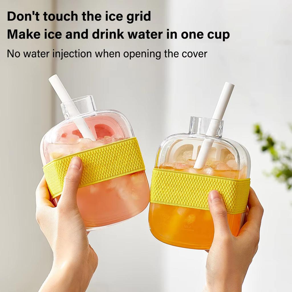 500ML Large Capacity Ice Cube Maker Water Bottle Silicone Tray with Straw for Juice Beverage Cooling Ice Making Stackable Design
