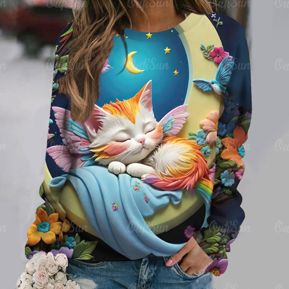 Flowers Cat  Long Sleeves Women Colorful Animal 3D Clothing  Tops O-Neck Cotton Clothes T-Shirt