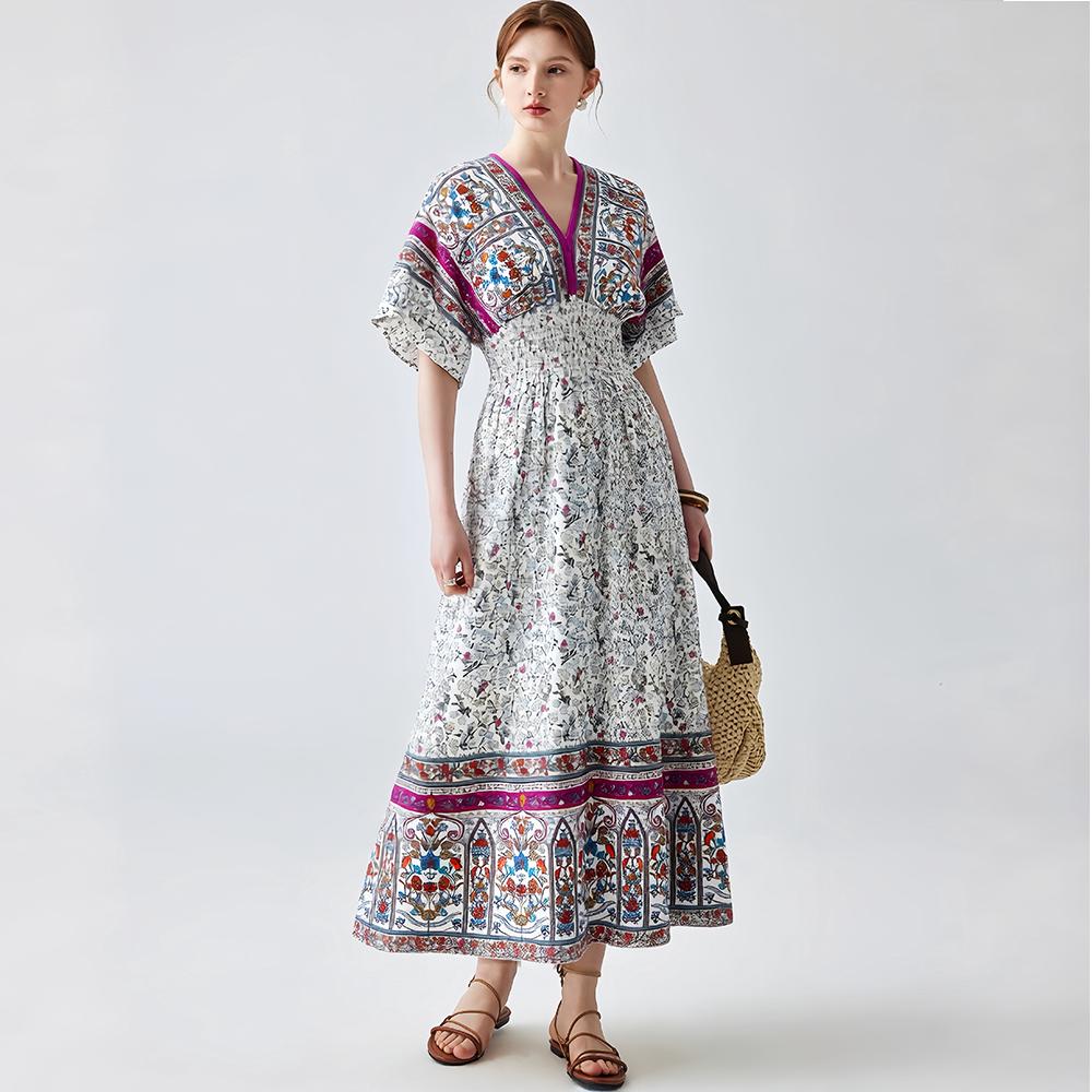 Bohemian-Style Cotton-Silk V-Neck Batwing Print Dress Summer Casual Vacation Beach Dress