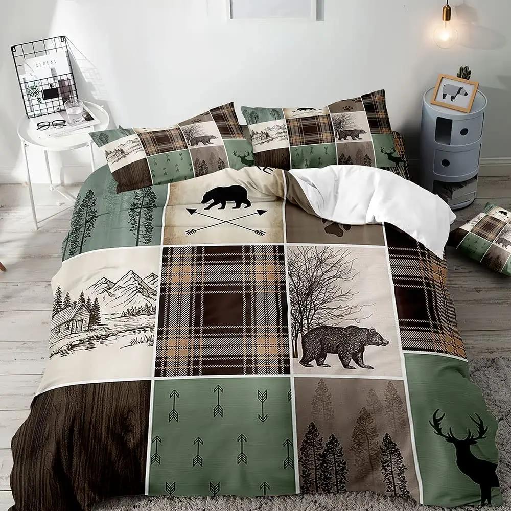 Elch Schwarzbär Bettbezug Queen Set, Wildtiere Hirsch Bettwäsche Set, Rustikales Schlafzimmer Dekor für Männer Freund Teenager Junge, 2 Kissenbezüge