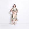 Real Shot Literary Style Lace-up Waist Lapel Long Dress Retro Printing Design Long Dress
