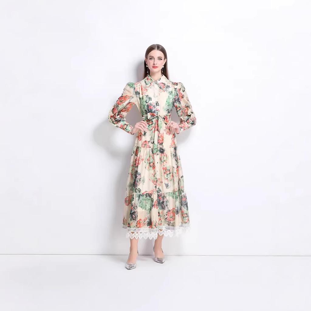 Real Shot Literary Style Lace-up Waist Lapel Long Dress Retro Printing Design Long Dress