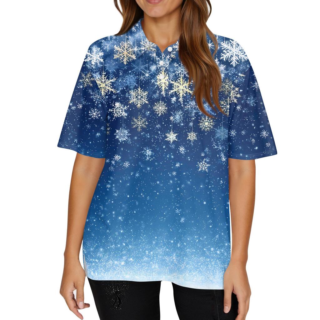 Dame Mote Casual Revers Kortermet Juleprint Skjorte Dame Kneppet Topper