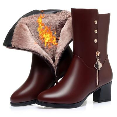 New Soft Leather Women's Boots with Padded Mid-heel and Mid-calf Length Cotton Shoes for Women