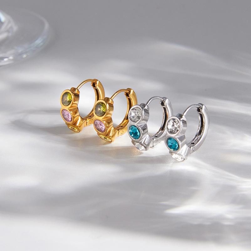 Waterproof Stainless Steel CZ Huggie Earrings 18K Gold Plated Three Stone Colorful Cubic Zirconia Hoop Earrings for Women