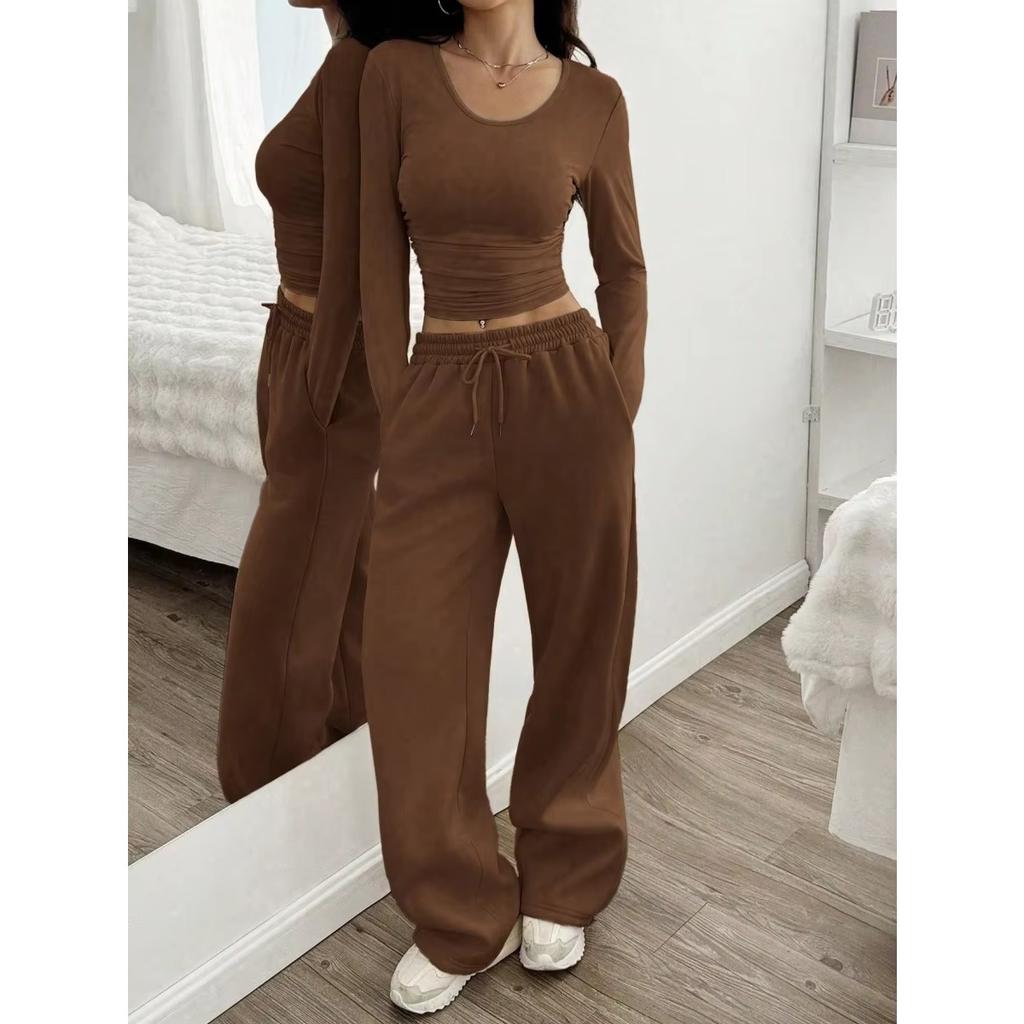 Casual Two Piece Sets Fashion Women Slim O-Neck Long Sleeve Tops Pocket Lace Up Wide Leg Pants Office Sports Suit Solid Clothes
