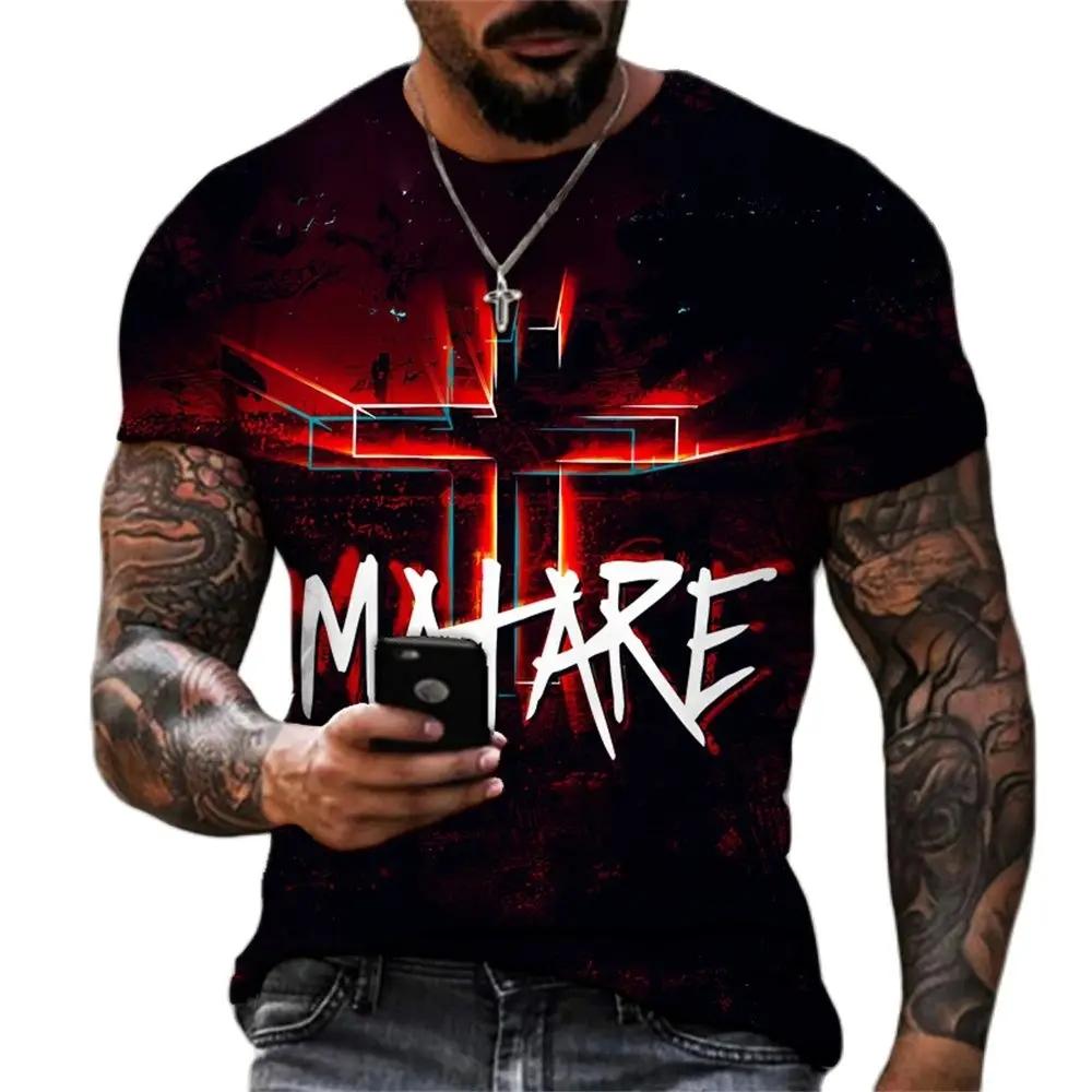 Christian Mens Clothing T Shirts Oversized Vintage T Shirt Gothic Jesus Christ Cross 3D Print O-neck Tops Hip Hop Short Sleeve