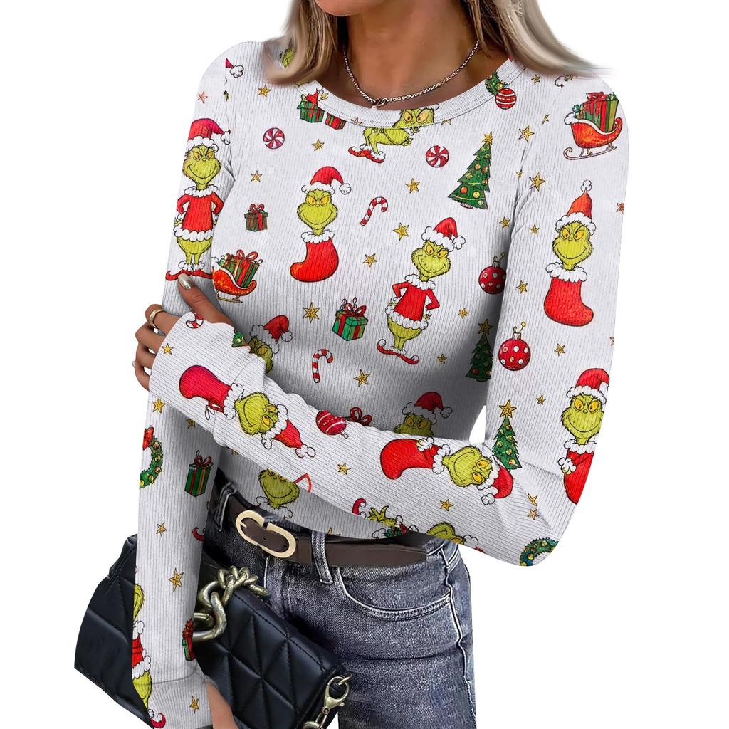 Women's Slim Fit Base Layer Long Sleeve Crewneck Pullover T-Shirt with Thumb Holes, Christmas Graphic Print Top