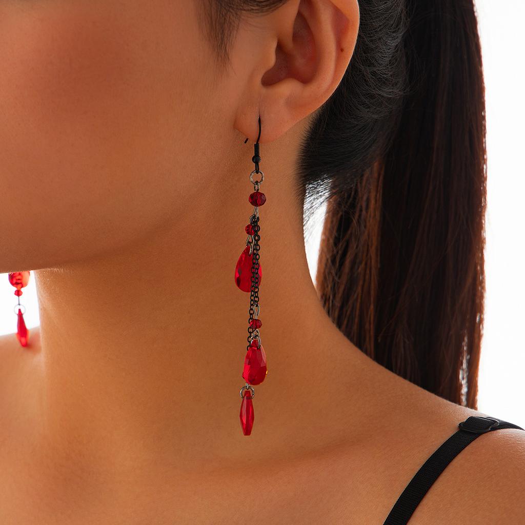 Ingemark Trendy Long Tassel Droplet Imitation Crystal Pendent Earrings Women Elegant Black Chain Piercing Drop Earrings Jewelry