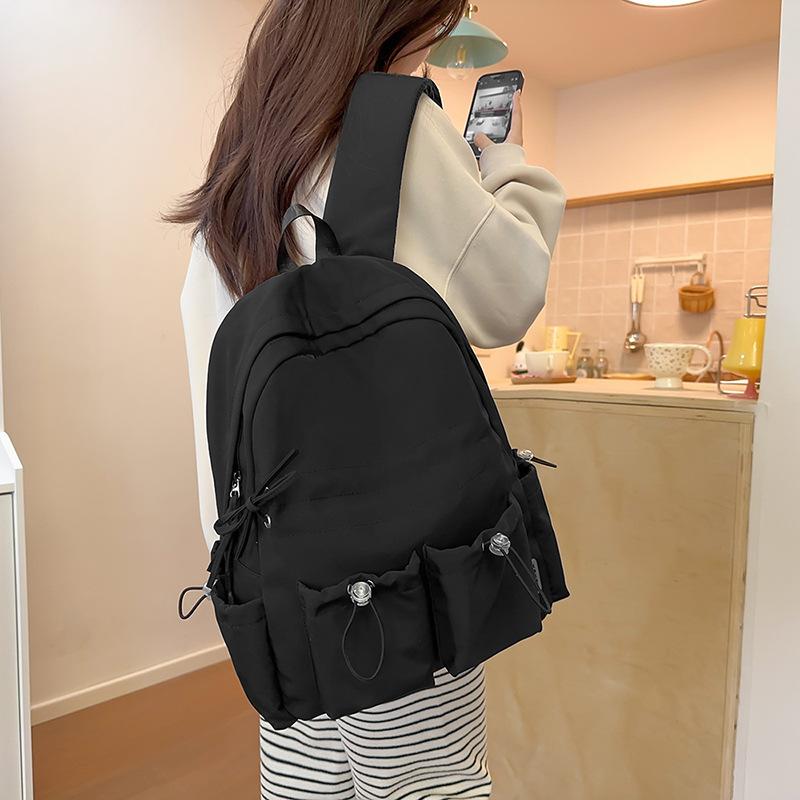 Simple Solid Color Female Backpack Double Pocket Drawstring Light Student Cute Travel Bow Joker College Student Bag