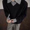 Unisex Retro Lapel Faux Two-Piece Casual Sweater