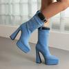 Denim Cowboy Boots Women with Pocket 2024 Fashion Winter High Heels Shoes Bright Line Pointd Toe Ankle Booties Plus Size 45