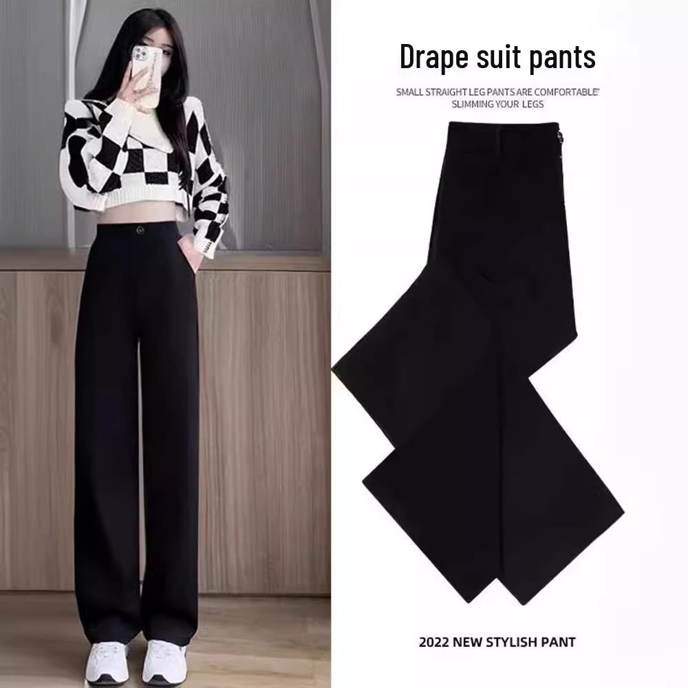 2024 Women's High-End Black Wide-Leg Spring Trousers: Drapey, High Waist, Casual, Straight-Leg Long Pants